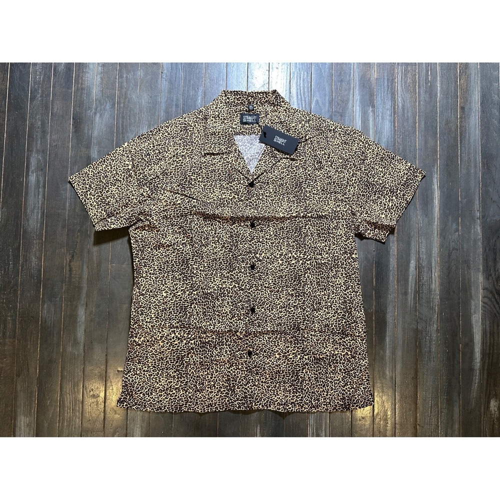 Straight To Hell Mens Leopard Print Camp Collar Short Sleeve Button Up Shirt NEW